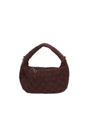 BOLSA HOBO DE ALÇA CURTA EM TRESSÊ DE CAMURÇA CAFÉ MÉDIA