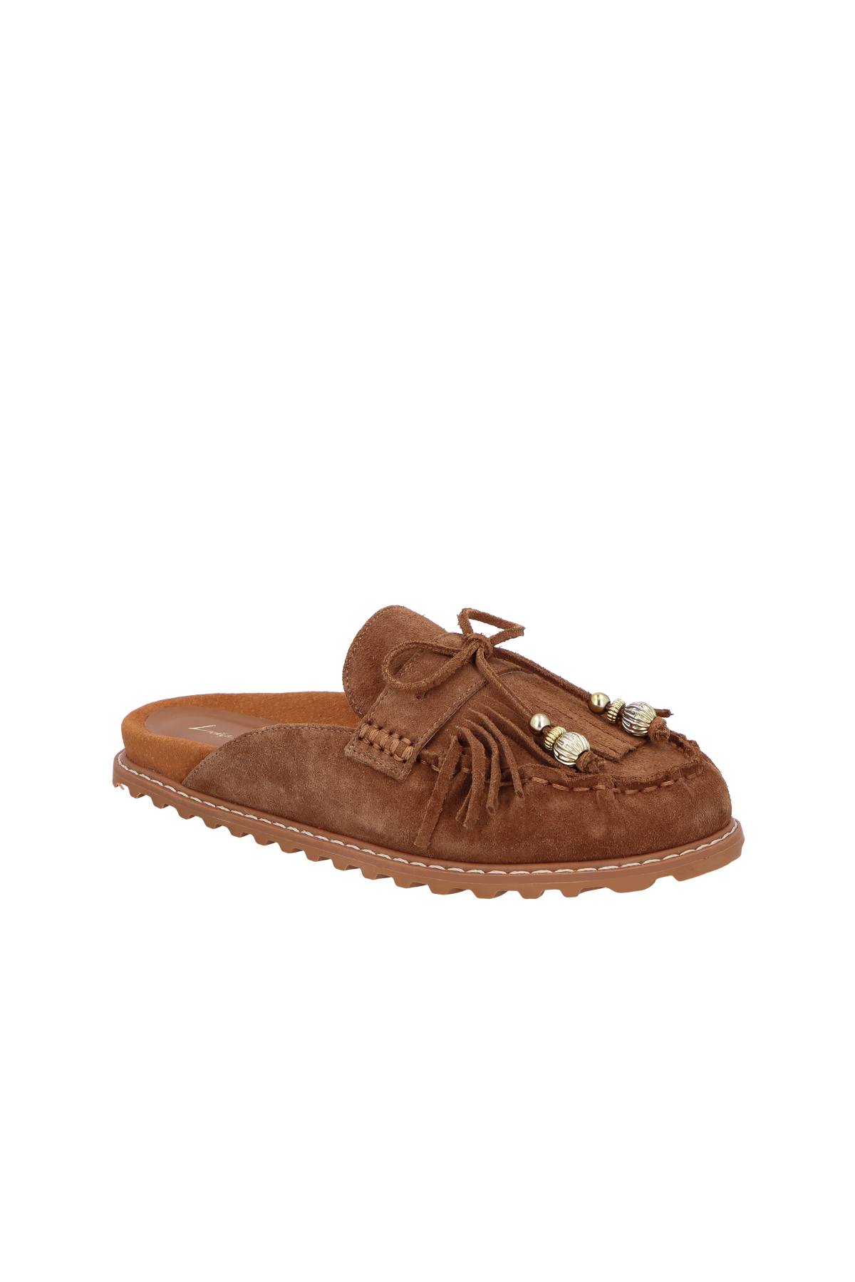 MULE MOCASSIM EM CAMURÇA CARAMELO COM FRANJAS E METAL DOURADO