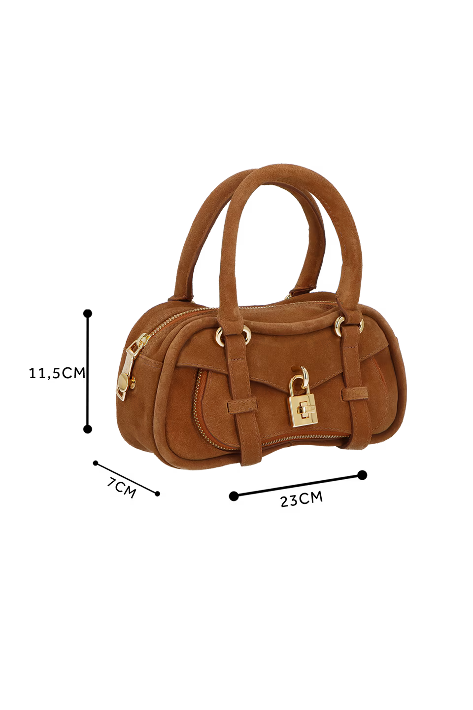 BOLSA CROSSBODY EM CAMURÇA CARAMELO COM CADEADO DECORATIVO PEQUENA