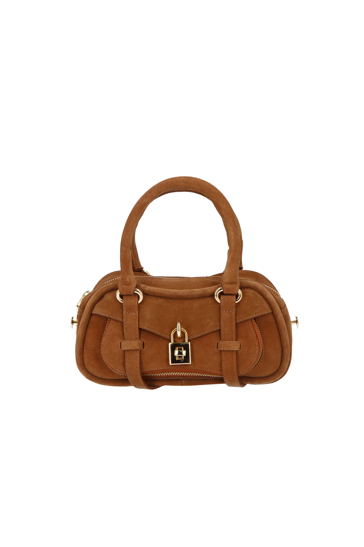 BOLSA CROSSBODY EM CAMURÇA CARAMELO COM CADEADO DECORATIVO PEQUENA