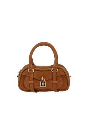 BOLSA CROSSBODY EM CAMURÇA CARAMELO COM CADEADO DECORATIVO PEQUENA