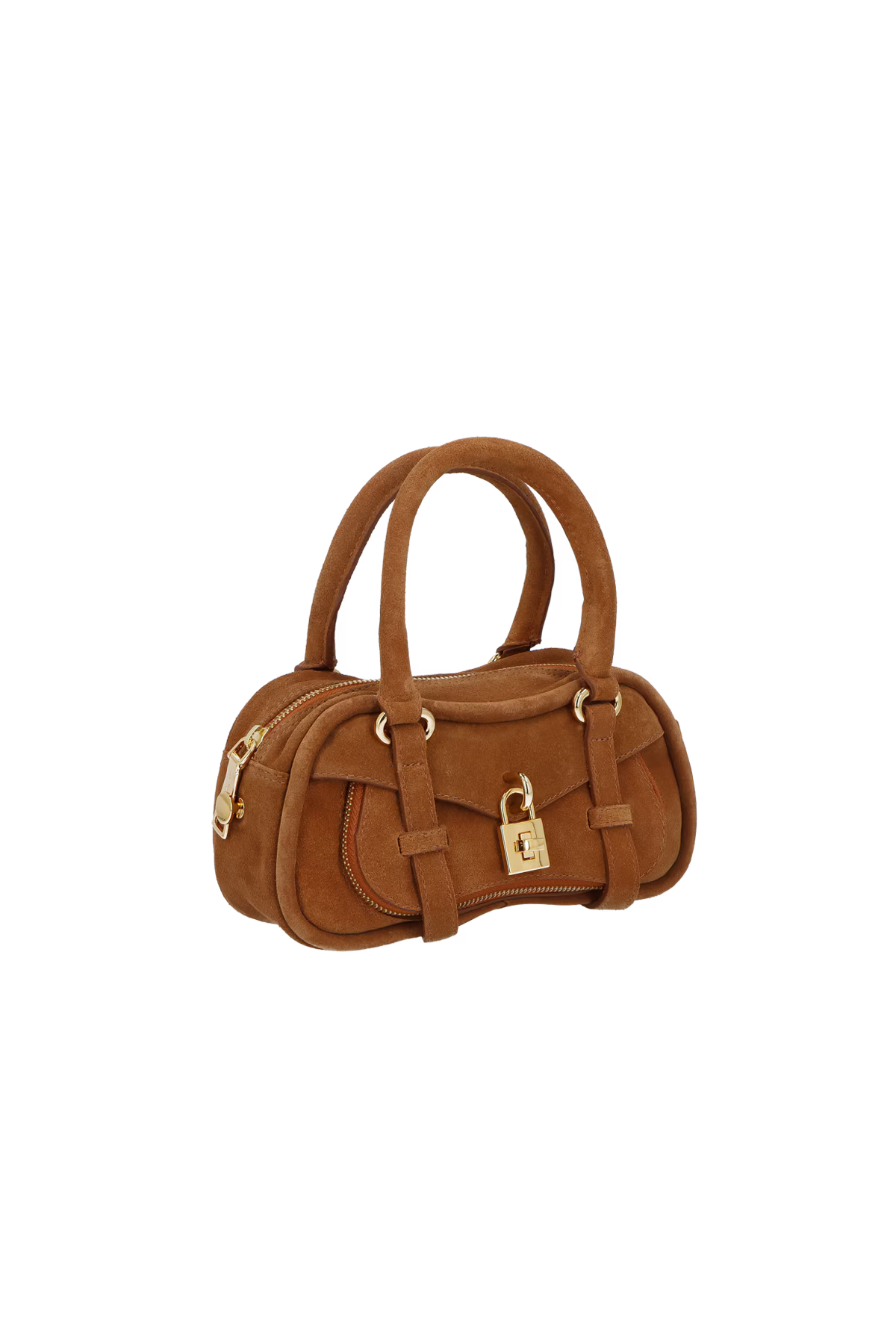 BOLSA CROSSBODY EM CAMURÇA CARAMELO COM CADEADO DECORATIVO PEQUENA