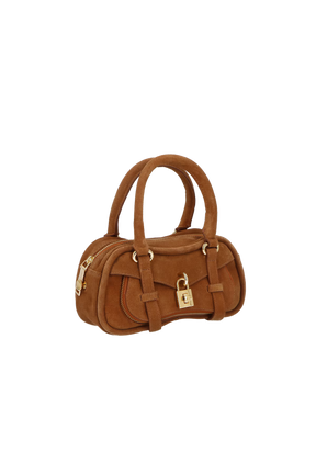 BOLSA CROSSBODY EM CAMURÇA CARAMELO COM CADEADO DECORATIVO PEQUENA