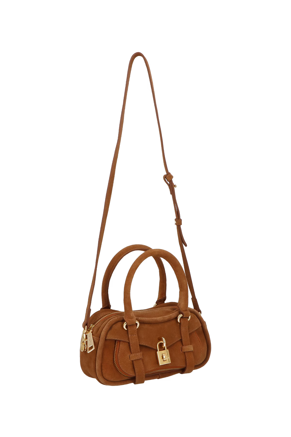 BOLSA CROSSBODY EM CAMURÇA CARAMELO COM CADEADO DECORATIVO PEQUENA