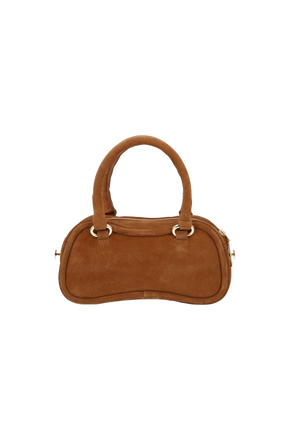 BOLSA CROSSBODY EM CAMURÇA CARAMELO COM CADEADO DECORATIVO PEQUENA