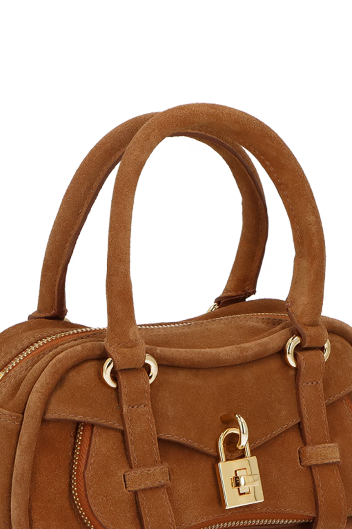 BOLSA CROSSBODY EM CAMURÇA CARAMELO COM CADEADO DECORATIVO PEQUENA